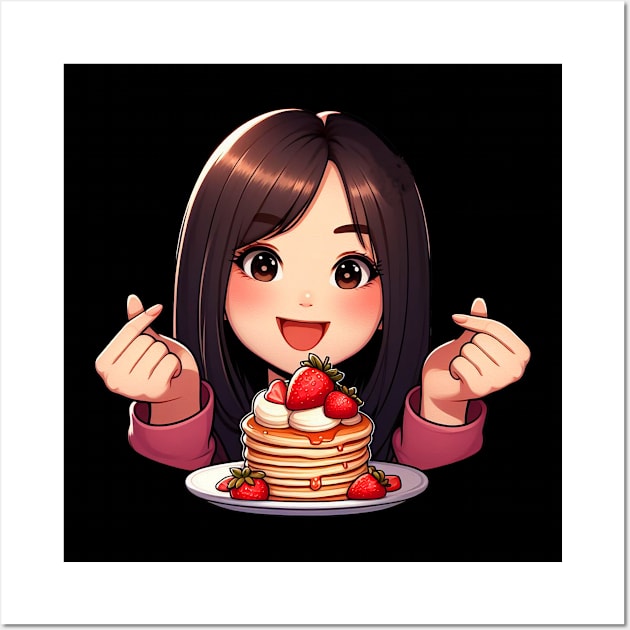 Girl Strawberry Pancakes Korean Finger Heart Wall Art by Plushism